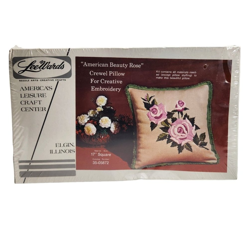 American Beauty Rose Pillow Crewel Embroidery Kit Lee Wards Vintage 17" x 17"